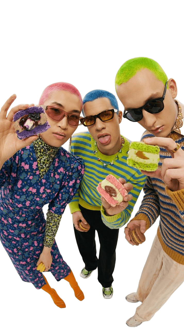 Colorful macarons styled as a fashion shoot